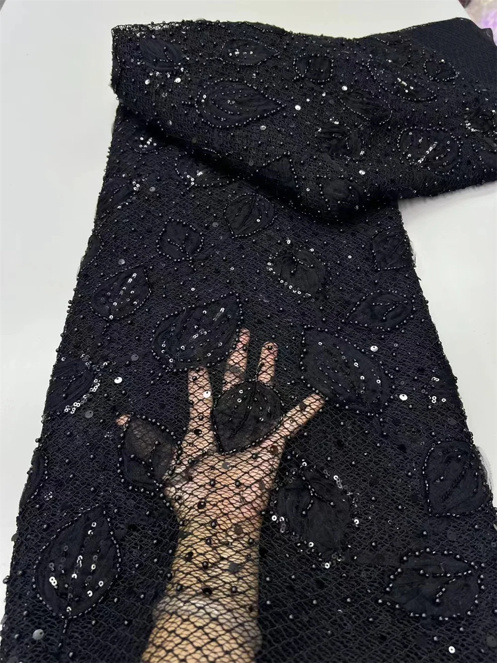 

Luxury African Black Lace Fabric Embroidery African Handmade Beaded Lace Fabric High End Mesh Material For Wedding Dress A1146-1
