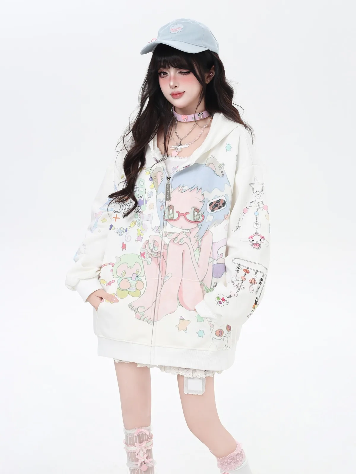 Fashion Sweet Cool Subculture Anime Hoodies Cute Cartoon Girl Print Long Sleeve Zipper Loose Sweatshirts Jackets Women Autumn