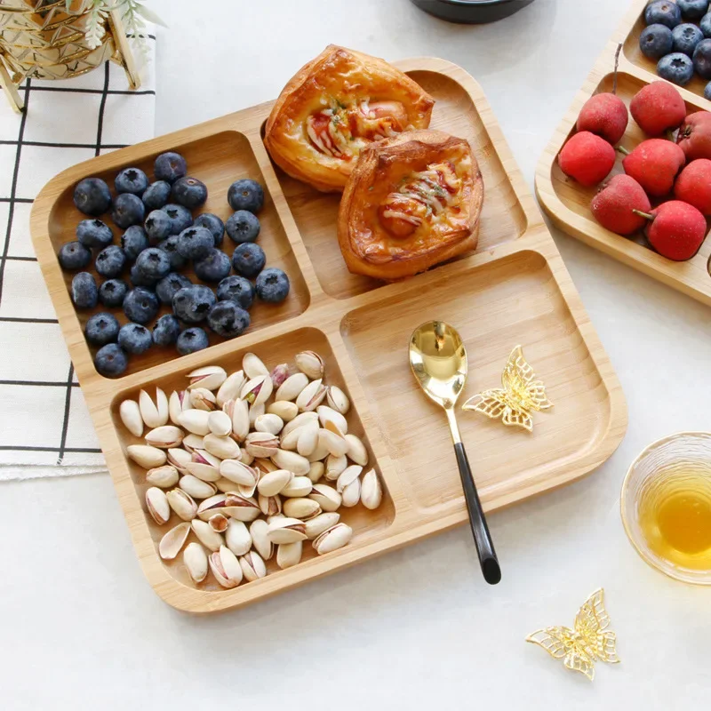 Tableware Square bamboo four-grid refreshment plate Fruit plate Children's plate