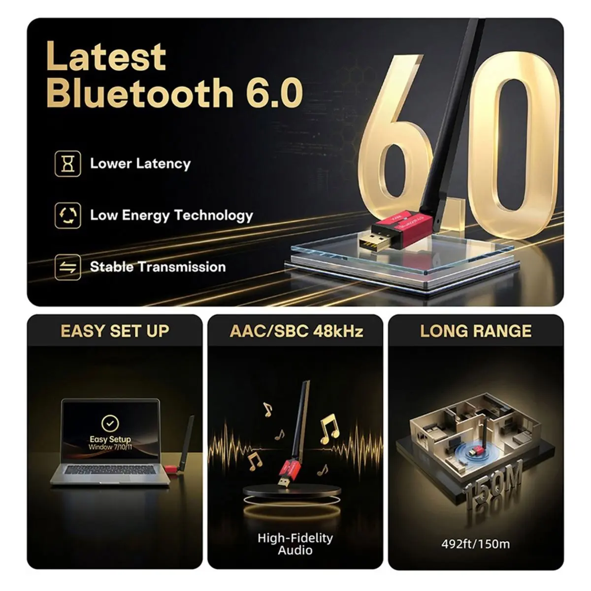 150M Bluetooth 6.0 Adapter USB Bluetooth Dongle Driver Free for Win11/10/8.1 Mouse Keyboard Audio Receiver Transmitter