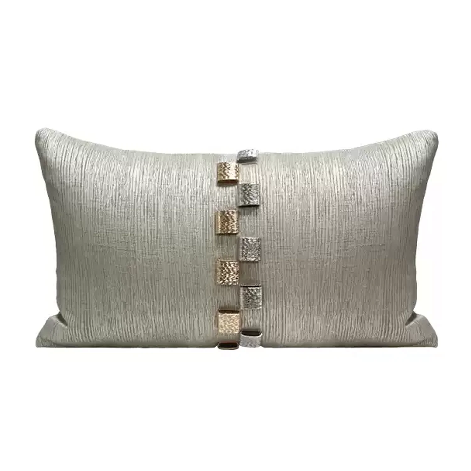 Modern Luxury Vertical Stripe Textured Satin Champagne Lumbar Pillow Cover with Metallic Square Ornament for Home Hotel Interior