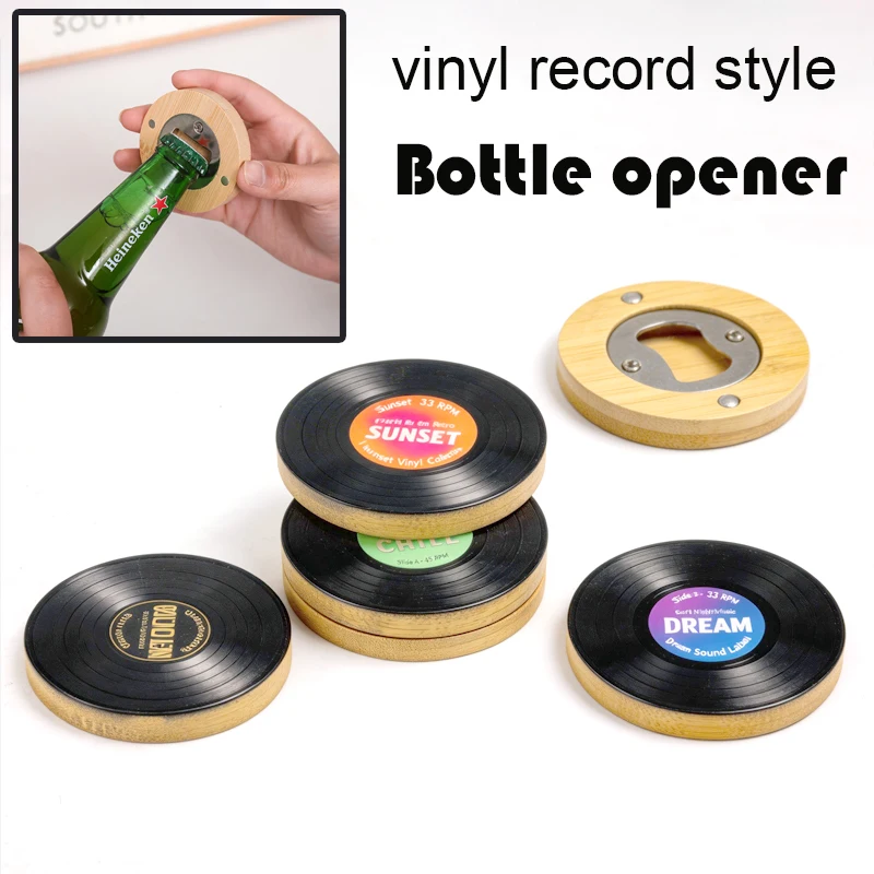 Retro-Stil Vinyl-Schallplatten Flaschenöffner aus Massivholz mit Magnetverschluss für Cocktails und Bier, Deckelöffner, Gadgets, Bar-Werkzeuge