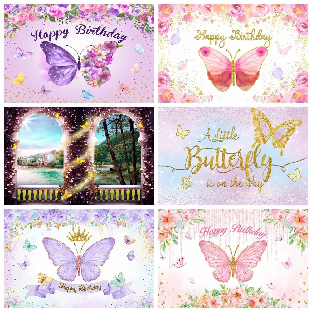 Cartoon Butterfly Backdrop Photography Girl First Birthday Party Flower Gold Dots Baby Shower Photo Background For Photo Studio