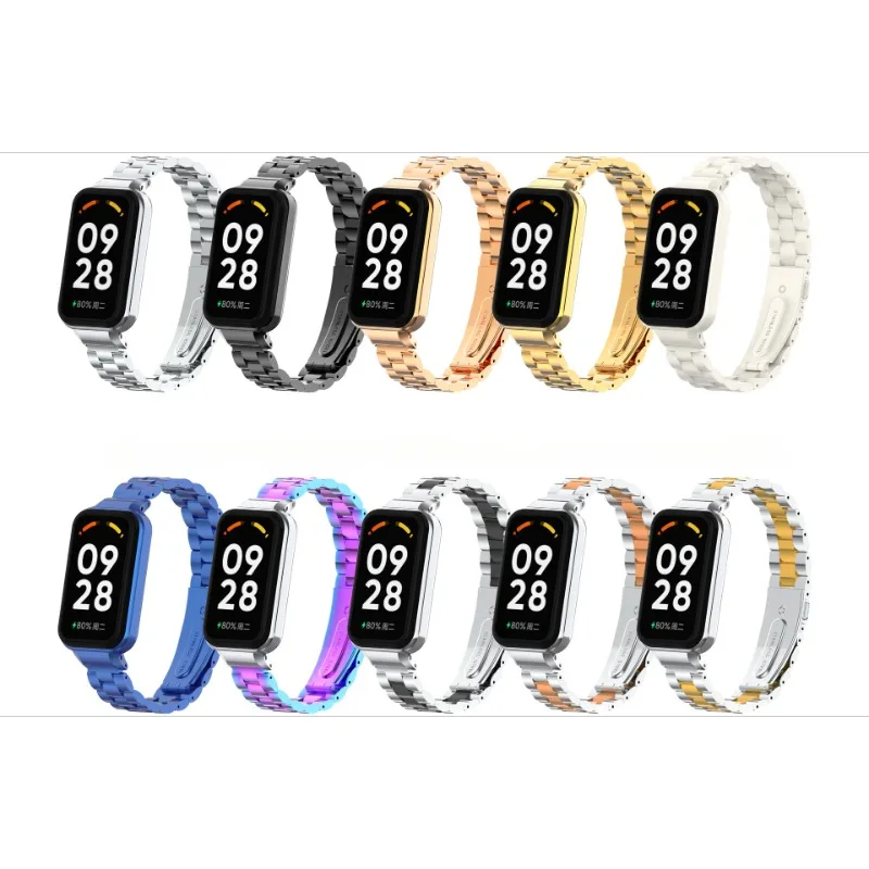 Correas de acero inoxidable para Xiaomi Mi band 8 Active, pulsera sólida de tres cuentas para Redmi Band 2/8Active