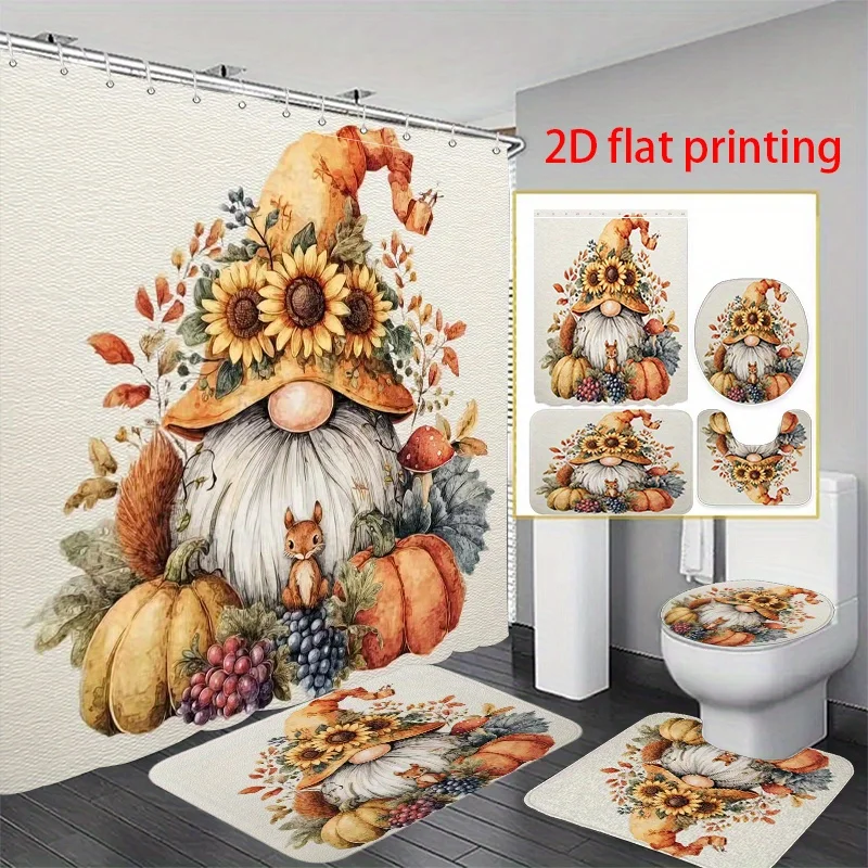 

4 шт., 2D плоская занавеска для душа с принтом, набор для ванной комнаты, осенний гном с тыквой и подсолнухами. для подарка ко Дню святого Валентина,anniv