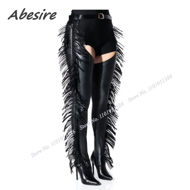 

Abesire Black Fringe Dccor Pants Boots Belt Decor Over the Knee Pointed Toe Stiletto Shoes for Women High Heel Zapatillas Mujer