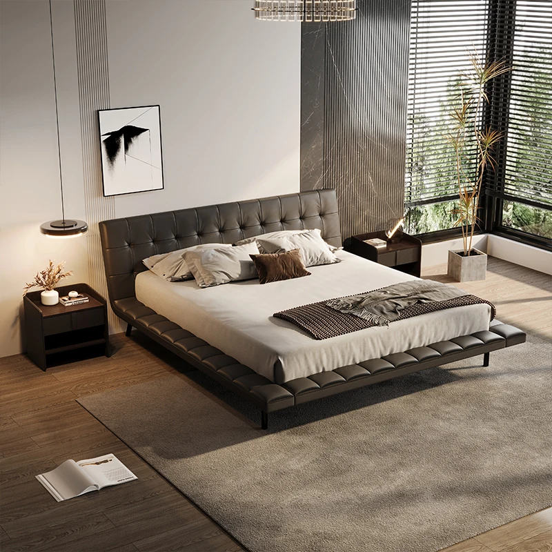 #Modern Minimalist Grid-Tufted Soft Bed with Extended Side Rails Black Contact Surface Genuine Leather Bed Frame