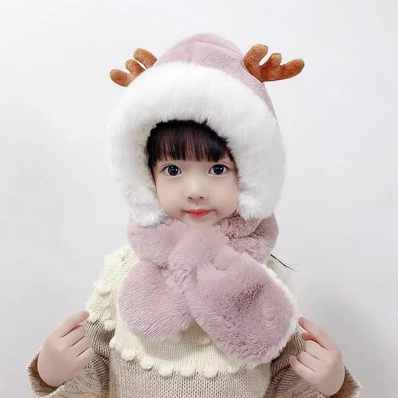 Children's Plush Hat Winter Kids Beanie Boy Girl Cartoon Deer Antler Hats Scarf Soft Windproof Thick Ear Protection Toddler Cap