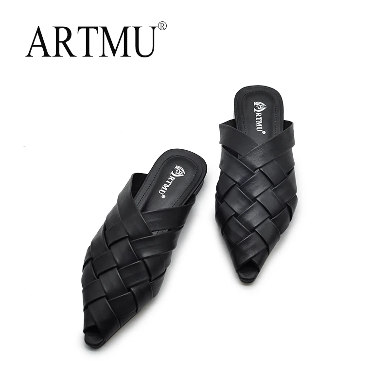 

Artmu Closed Toe Weave Slippers Pointed Toe Women Beach Slippers Low Heel Slides Hollow Out Genuine Leather Outdoor Slippers