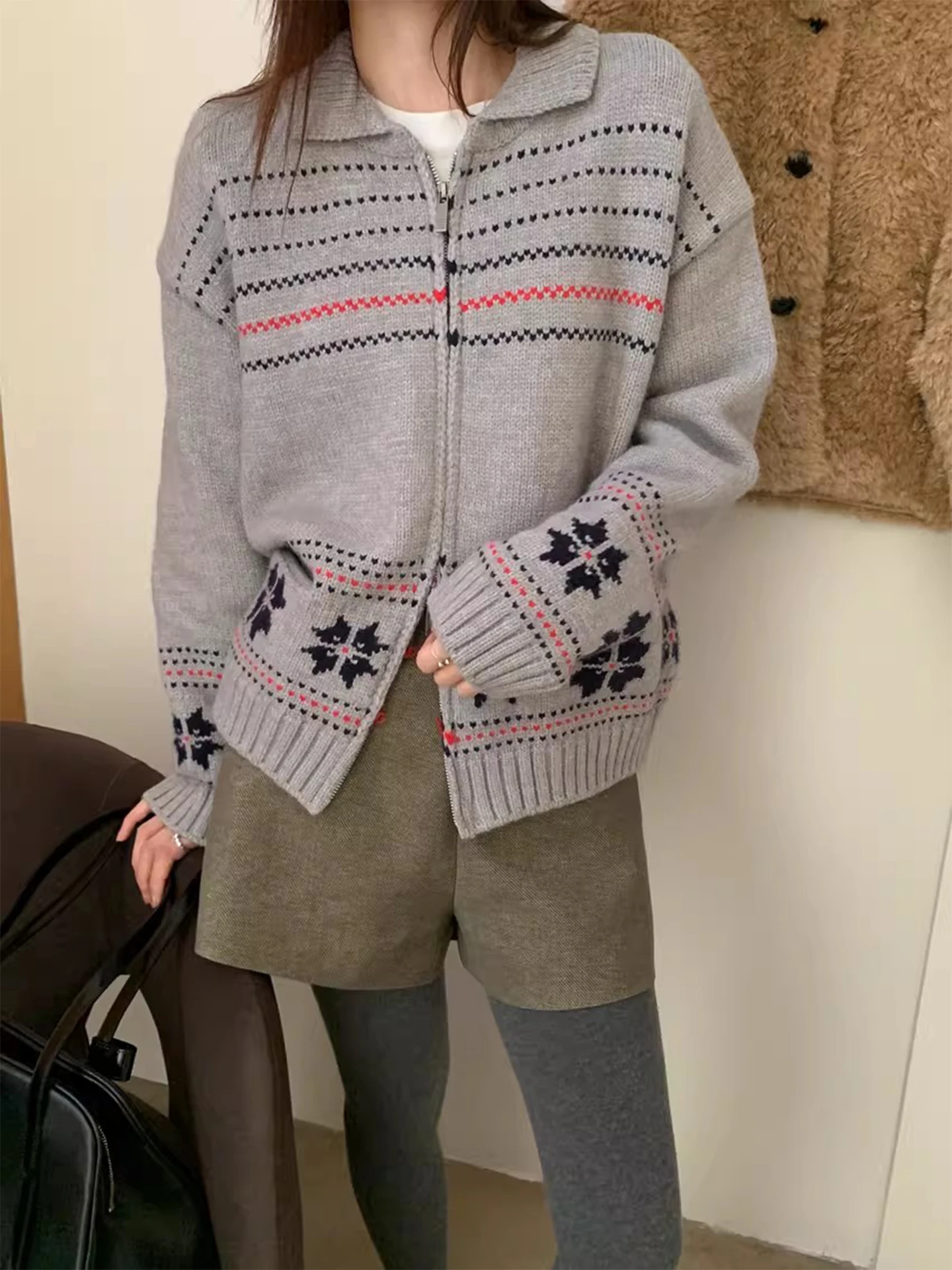 Retro anti-envelhecimento duplo zíper fair isle camisola de malha jaet feminino outono inverno turn-down colarinho ket aberto cardigan topo