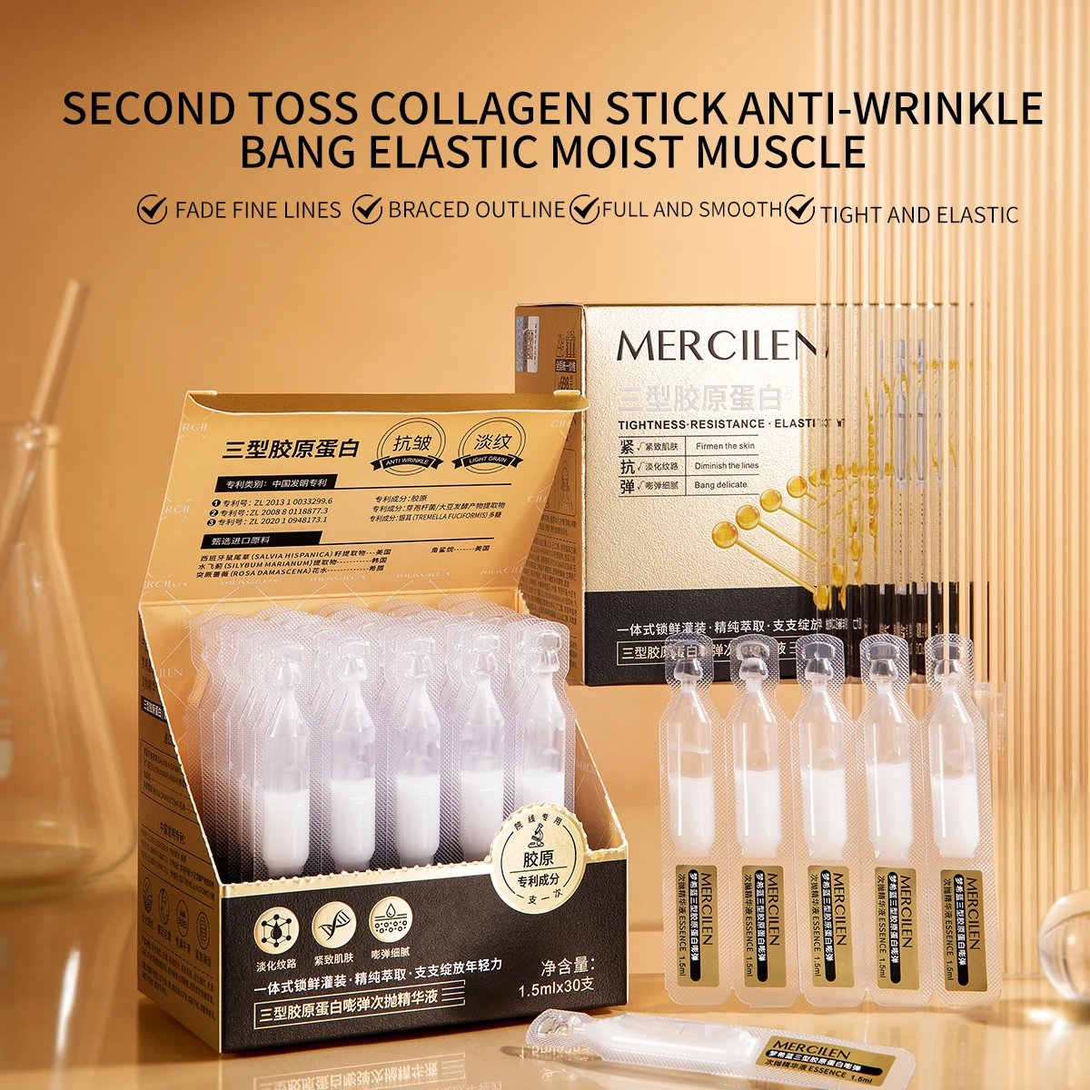Mercilen Type Iii Collagen Elasticity Ampoule Essence, 30 Vials, Contains Collagen and Turkish Rose Flower Water, Deeply Nourishes the Skin, Replenishes Skin Moisture, Makes Skin Look Younger, Suitable for All Skin Types