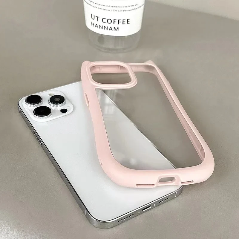 3D Cute Cat Ears Phone Case for iPhone 15 14 13 12 11 Pro Max Plus XR Luxury Cartoon Transparent Shockproof Clear Acrylic Cover