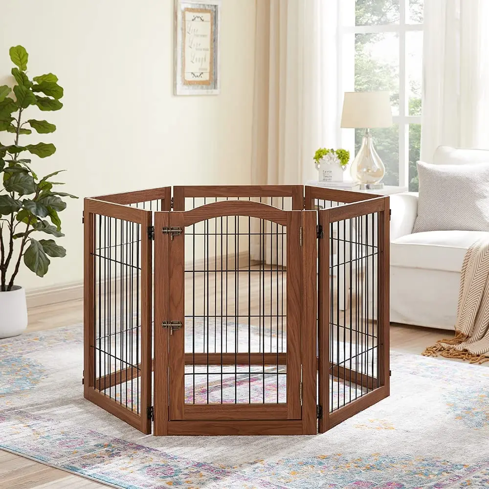 Extra Wide 6 Panels Foldable Pet Exercise Pen Walk Through Door Freestanding Wooden Dog Gate