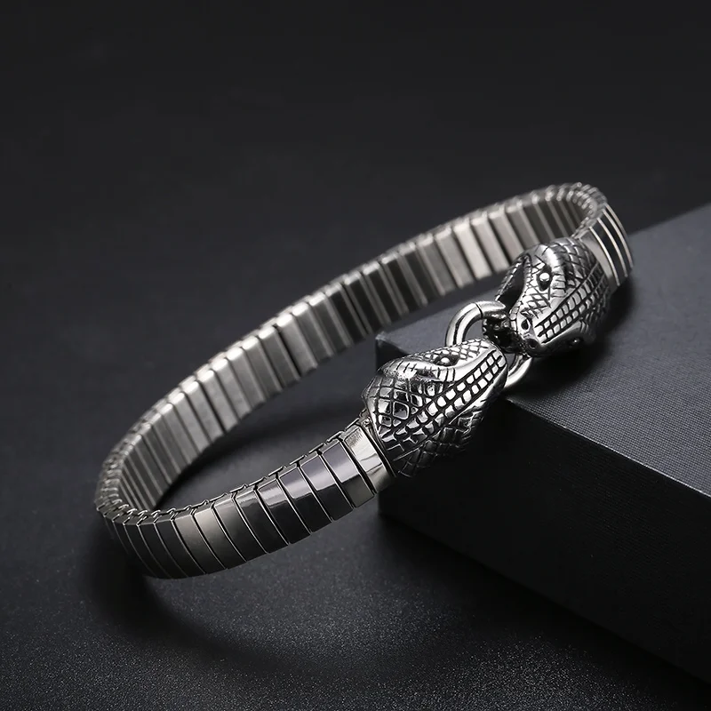 Fongten Double Snake Charms Men\'s Bracelet Watch Strap Chain Stainless Steel Wrist Bangle Bracelets For Men Silver Color Jewelry