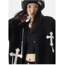 Deeptown Black Vintage Y2k Cross Women Knitted Cardigan Goth Harajuku Japanese Fashion Oversized Sweater Autumn Streetwear Punk