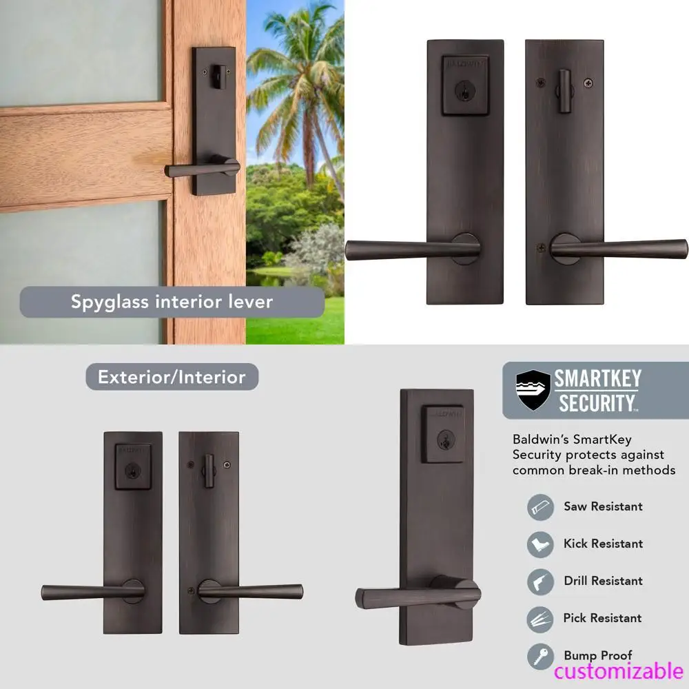 مجموعة مقبض رافعة الدخول الأمامية Baldwin Spyglass مع SmartKey القابلة لإعادة المفتاح Deadbolt وحماية Microban
