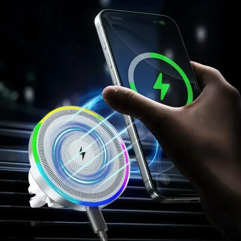 Auto Magnetisches Kabelloses Ladegerät Lüftungshalterung Clip Handyhalter Ständer RGB-Licht Für iPhone 16 15 14 13 12 Pro Max Schnellladung