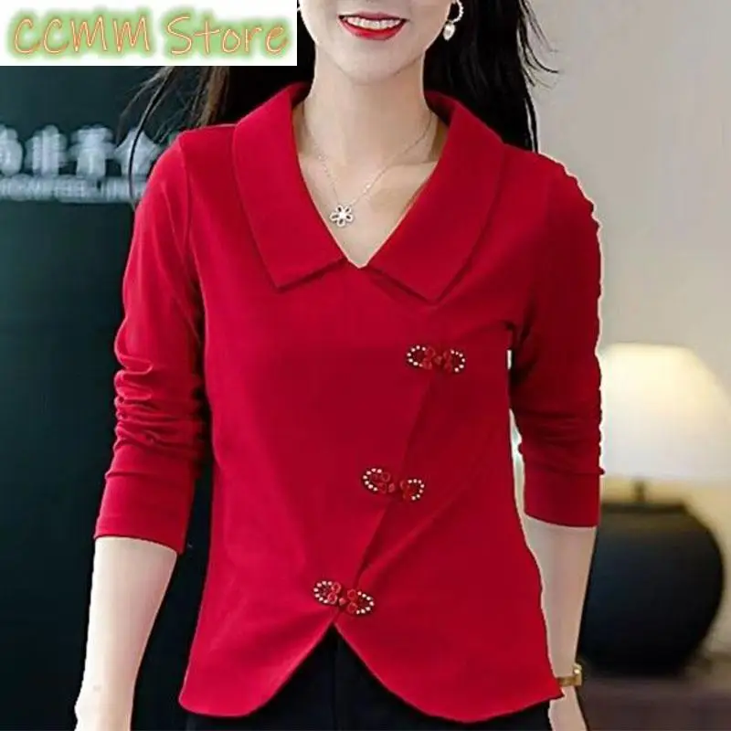 

2023 Chinese Style Autumn Long Sleeve T-shirt Women Solid Polo Neck Irregular Button Fashion Simple Ladies Temperament Top