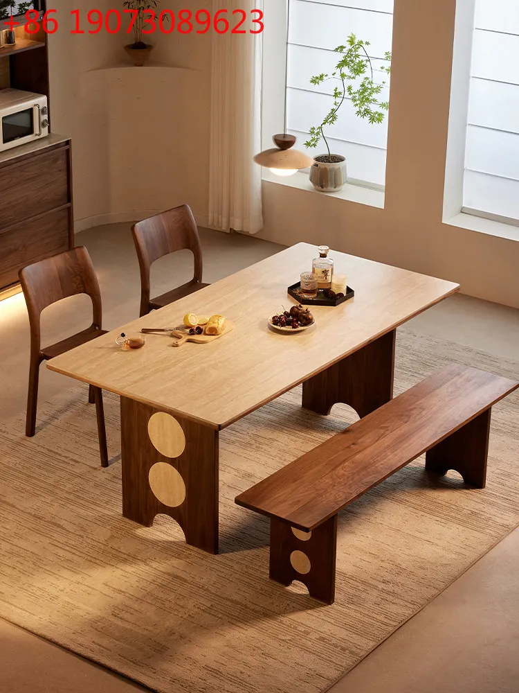 

Обеденный стол из североамериканского черного ореха, массив дерева, средний размер, с антикварной столешницей из травертина, прямоугольный, новый, для дома.