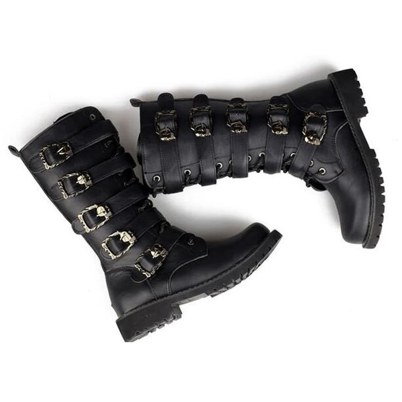 Winter Men Motorcycle Boots 2024 Fashion Mid-Calf Punk Rock Punk Shoes Mens PU Leather Black High top Casual Boot Man