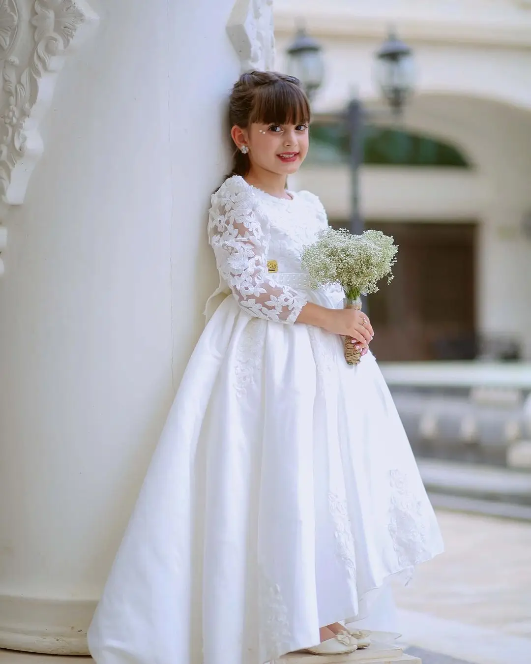 Vestido blanco de flores con apliques para niña, vestido de boda de manga larga de satén con lazo, vestido de princesa para cumpleaños, vestidos de primera comunión