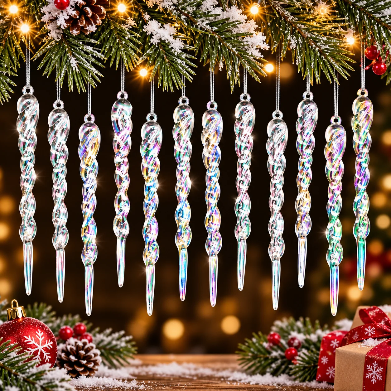 Clear Icicle Christmas Tree Ornament Transparent Icicle Pendant Shining Crushed Ice Exquisite Colorful Xmas Tree Hanging Pendant