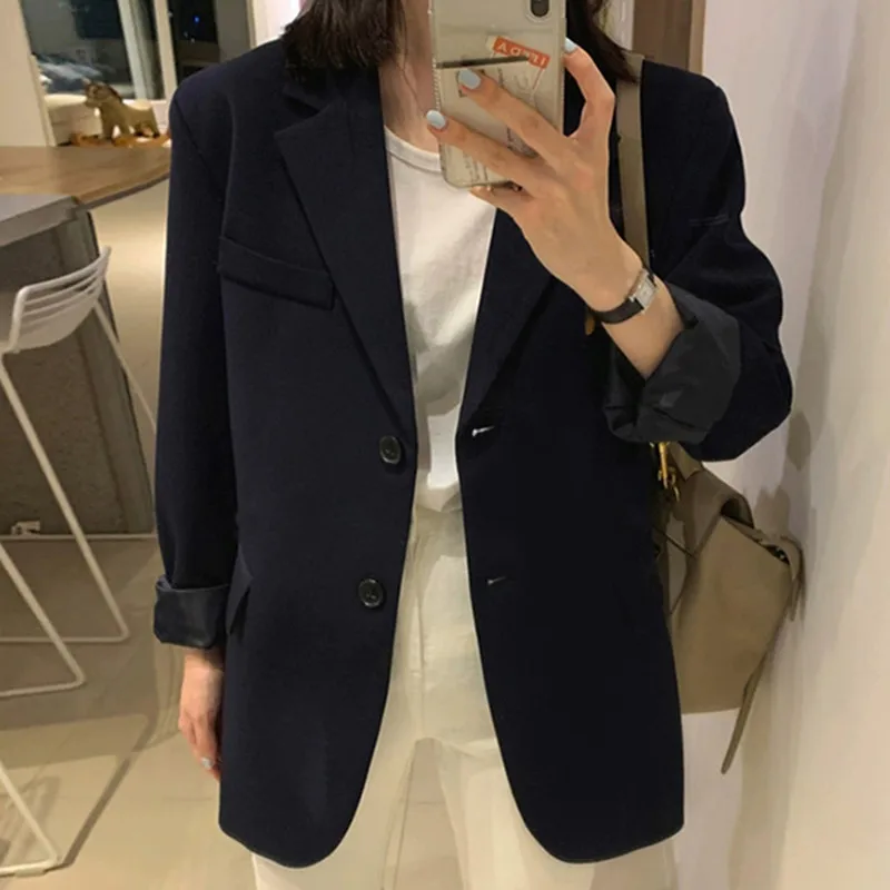 

Черный повседневный свободный укороченный пиджак в корейском стиле для невысоких: весенняя уличная мода, новинка, полиэстер