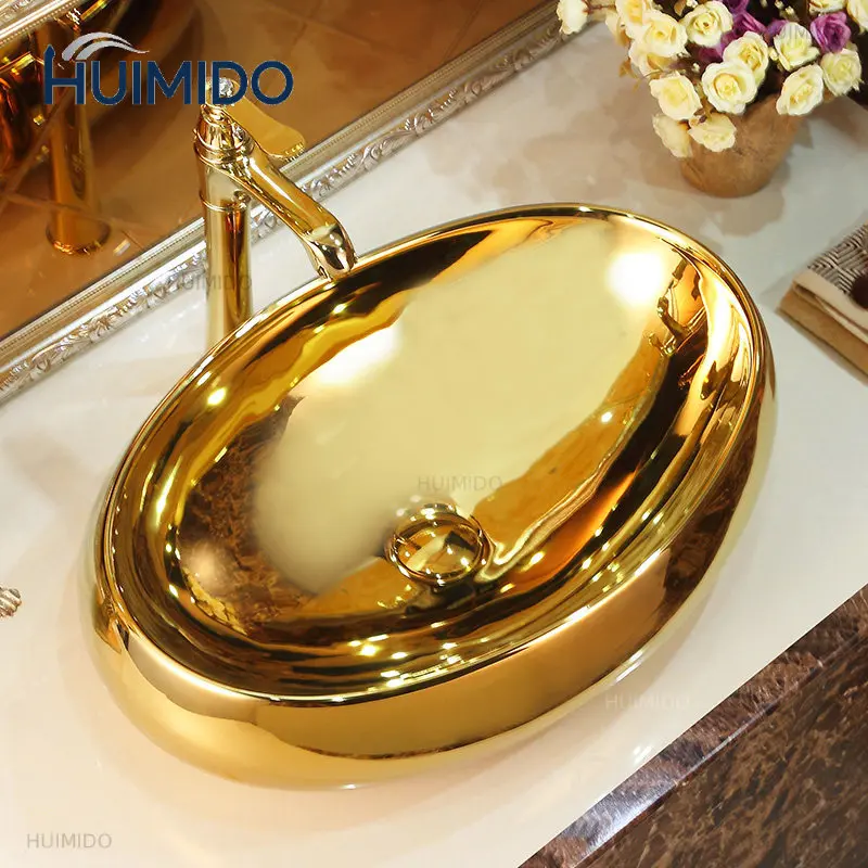 Ceramic gold oval countertop basin, art basin, European-style bathroom basin, washbasin, modern vintage washbasin