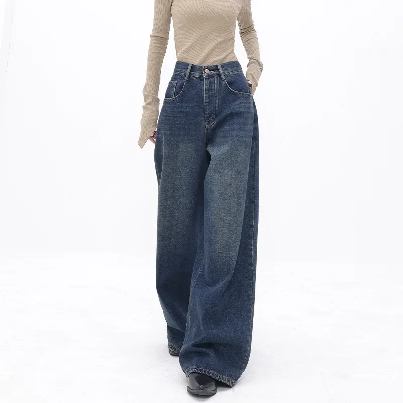 

American Vintage High Waist Oversized Jeans Pants for Women Casual Baggy Y2K Wide Leg Grunge Streetwear Blue Denim Trouser