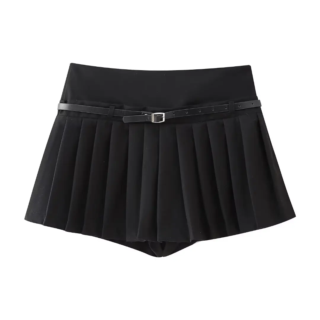 DUOPERI Women Fashion Solid Pleated Mini Skirt Shorts High Waist With Belt Female Chic Lady Casual Shorts
