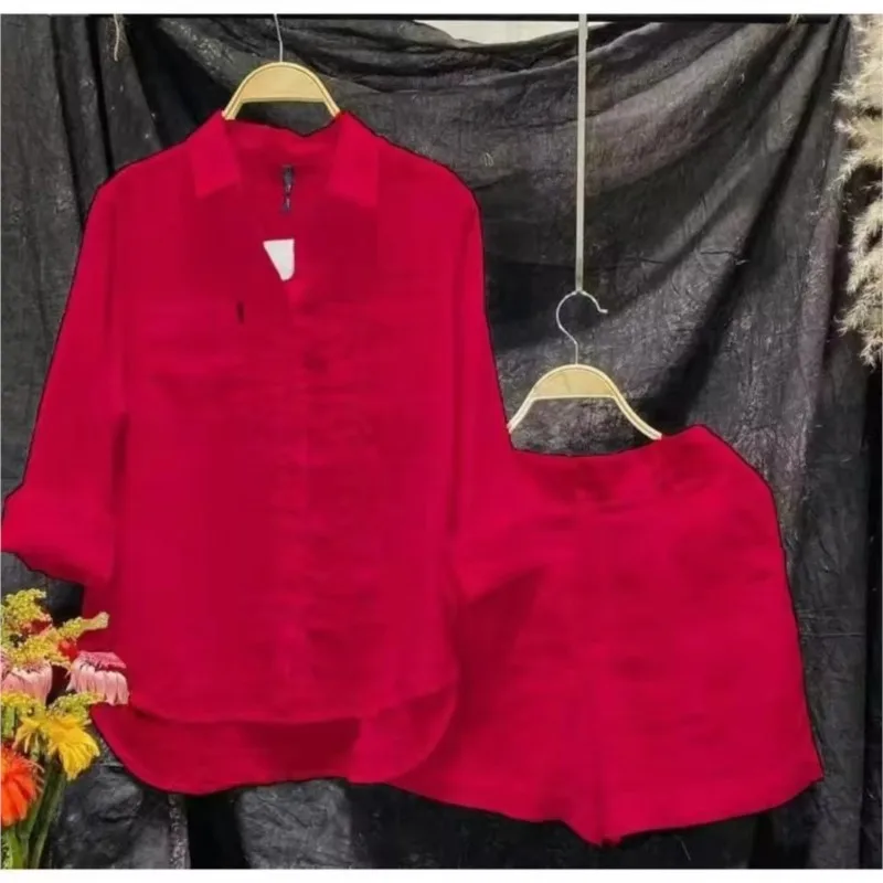 Spring Shirt Two Piece Set For Women Summer Shorts 2 Piece Sets Suits Solid Color Long Sleeve Shirt Short Casual Outfits Female image 6