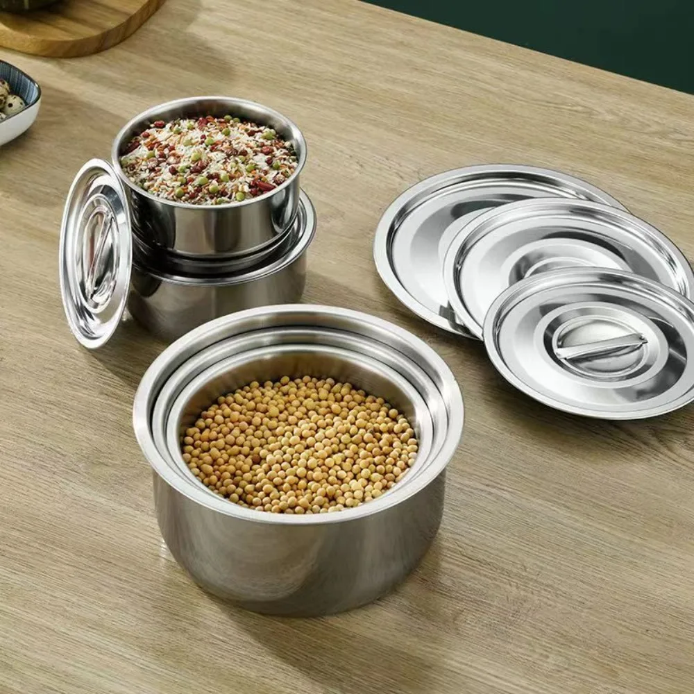 

5 шт. с крышкой, кастрюля для супа из нержавеющей стали, устойчивый к падению, небьющийся набор кастрюль, круглые универсальные миски для яиц на пару, подготовка посуды