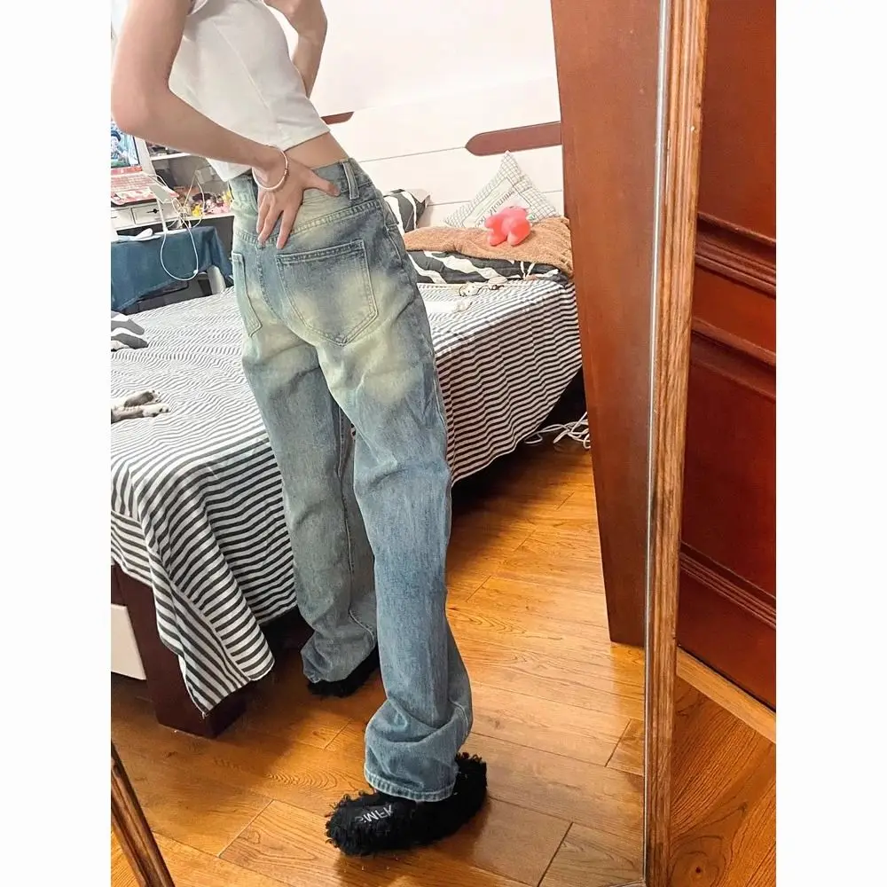 

Vintage American Style Washed & Whiten Straight Jeans for Spring/Summer New High-Waist Loose Slim Casual Wide-Leg Pants