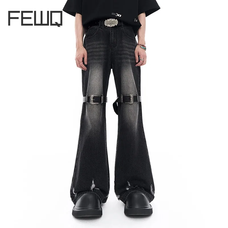 

FEWQ Niche Belt Design Patchwork Men's Jeans American Micro Flared Pants 2024 Vintage High Street Male Trousers 24E1324