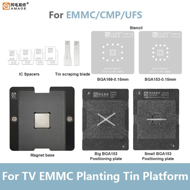 Platforma do sadzenia cyny AMAOE EMMC EMCP UFS dla BGA153 BGA162 BGA169 BGA186 BGA221 BGA254 0.15mm matryca do reballingu