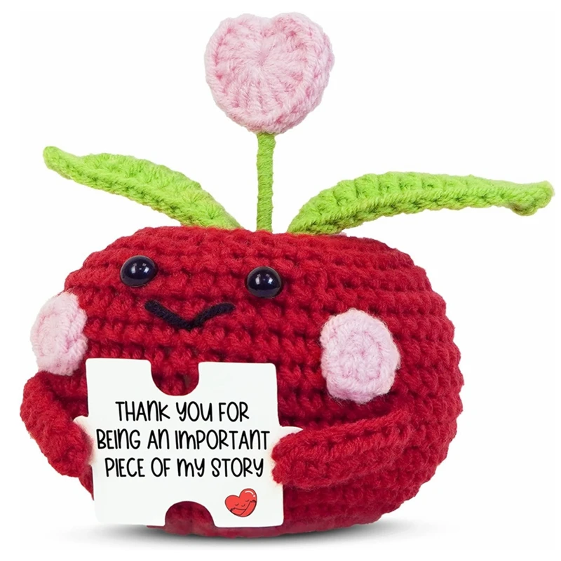 Mini Positive Energy Apple Crochet Figurines with Card Desktop Ornament Handmade Knitted Dolls Home Decoration Gifts for Friend