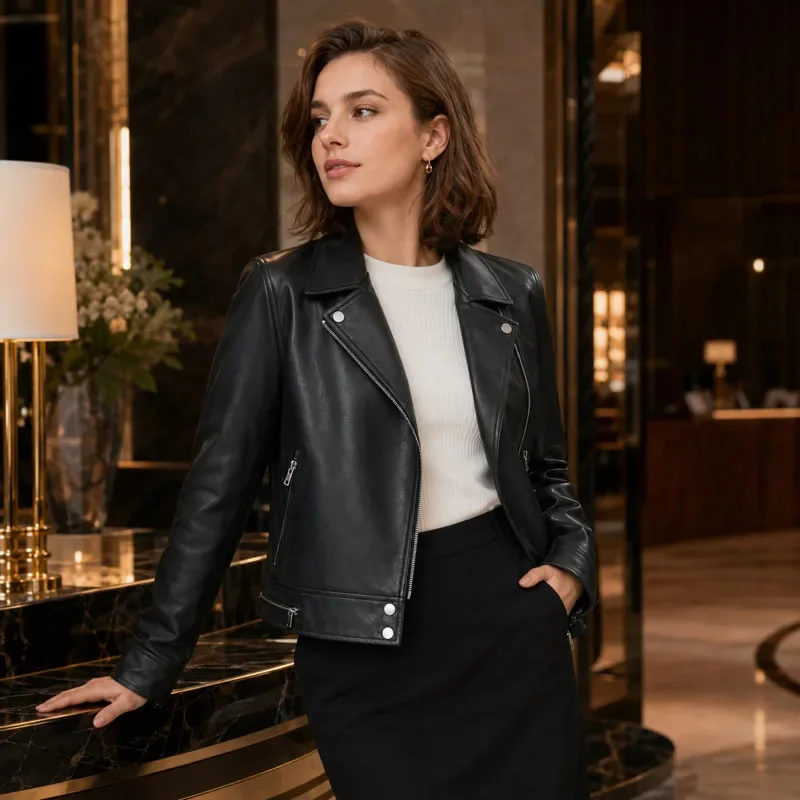 Women Faux Leather Jacket Black Biker Coat Short Zipper Motorcycle Jacket Slim Fit Casual Outerwear