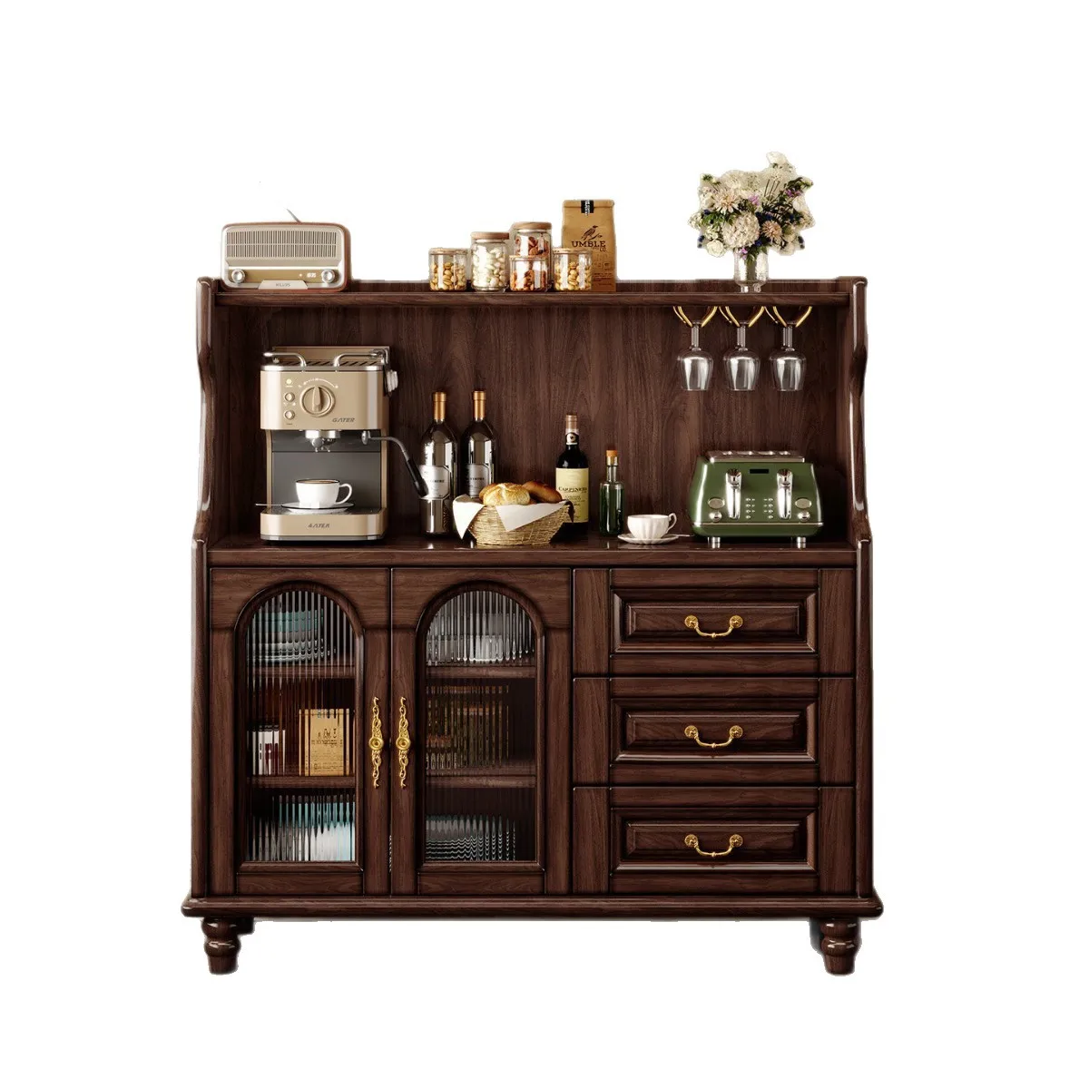 

Medieval style solid wood dining side cabinet, dining room glass door, black walnut cabinet, storage cabinet, wine cabinet