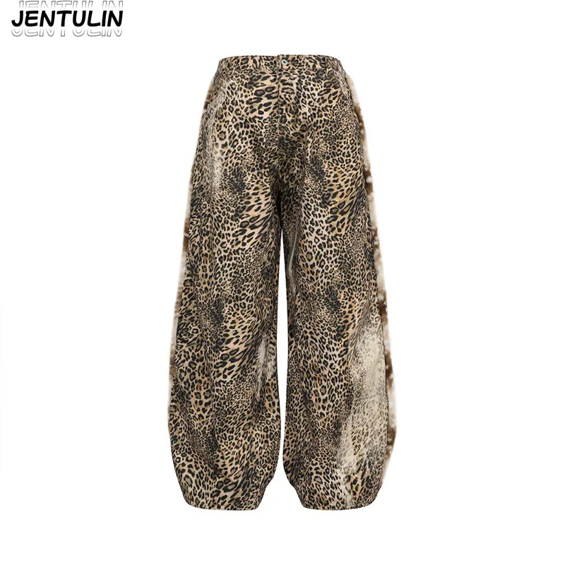 

Aesthetic High Street Vintage Coffee Color Tiger Leopard Pattern Jeans Men's Heavyweight Curved Knife Wide Leg Pant Men Clothing