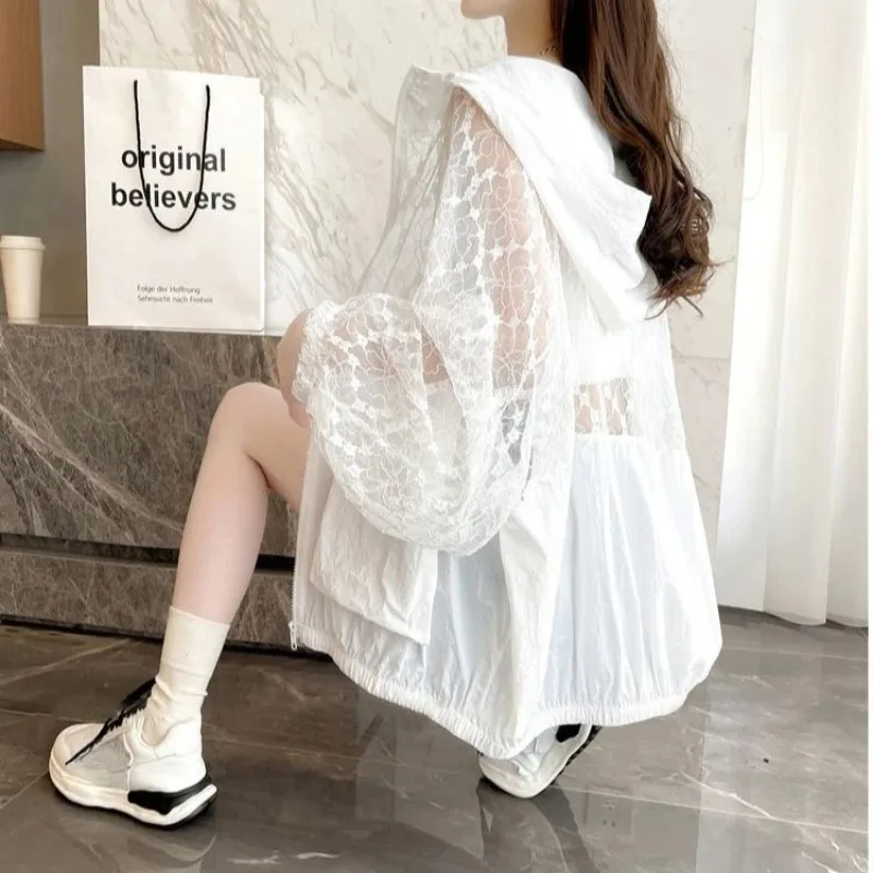Summer Jackets Women Clothing Oversized Tops Streetwear Outerwear Patchwork Lace Hollow Out Backless See Through Hooded Coats