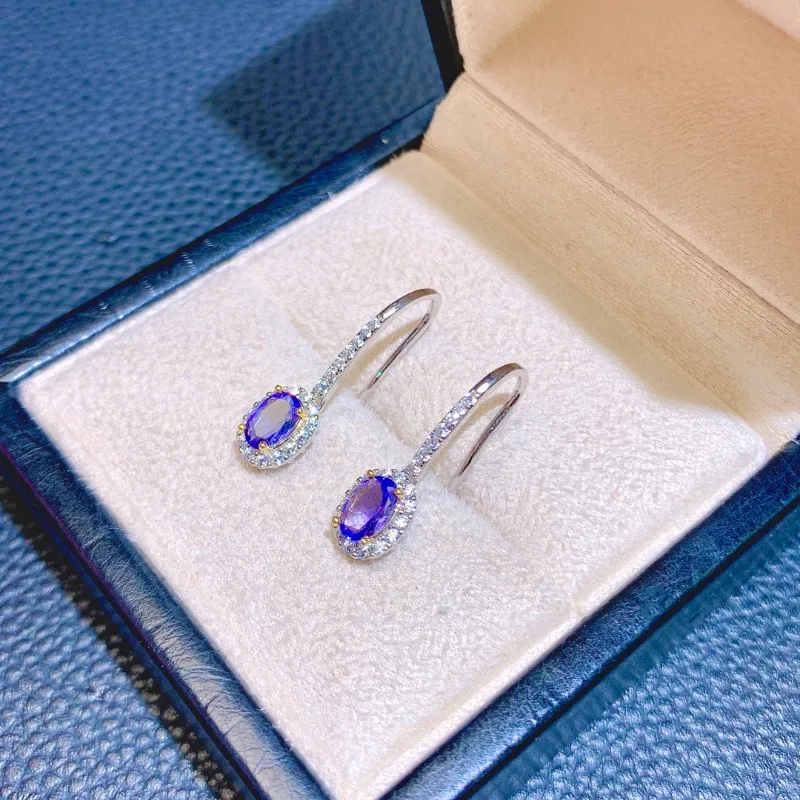 Sterling Silver Tanzanite Dangle Total 1ct 4mm*6mm Natural Tanzanite Jewelry Prevent Allergy 925 Silver Gemstone Earrings