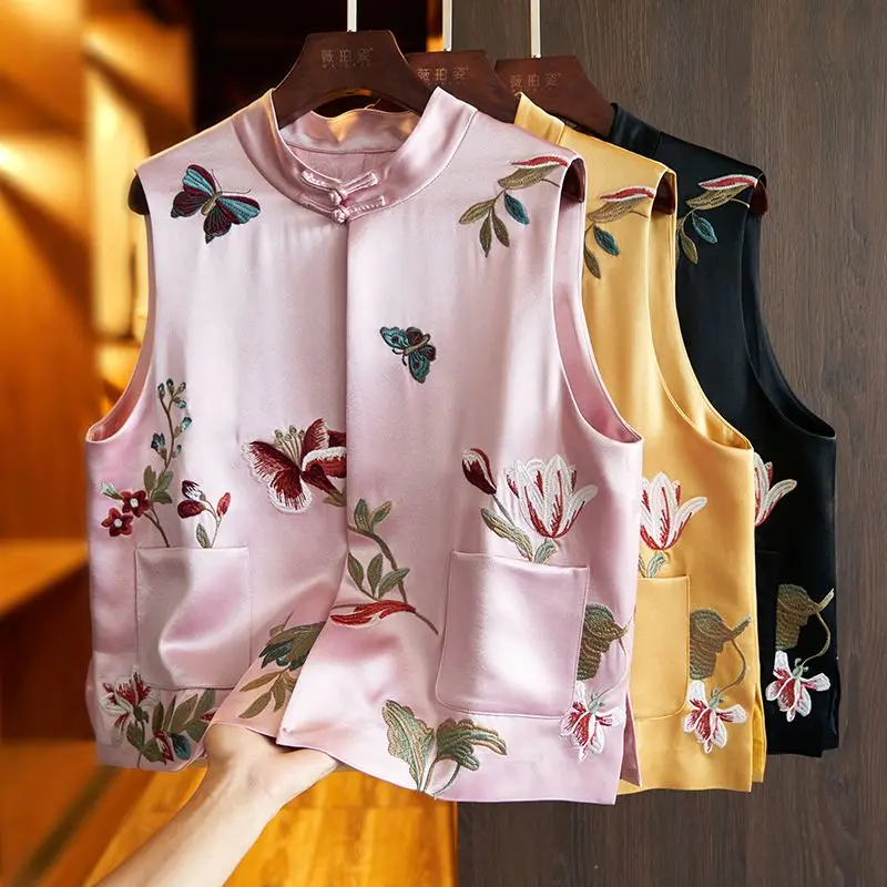 Spring autumn chinese style women vintage vest dish button top outside all match vest oriental style top floral vests qipao top