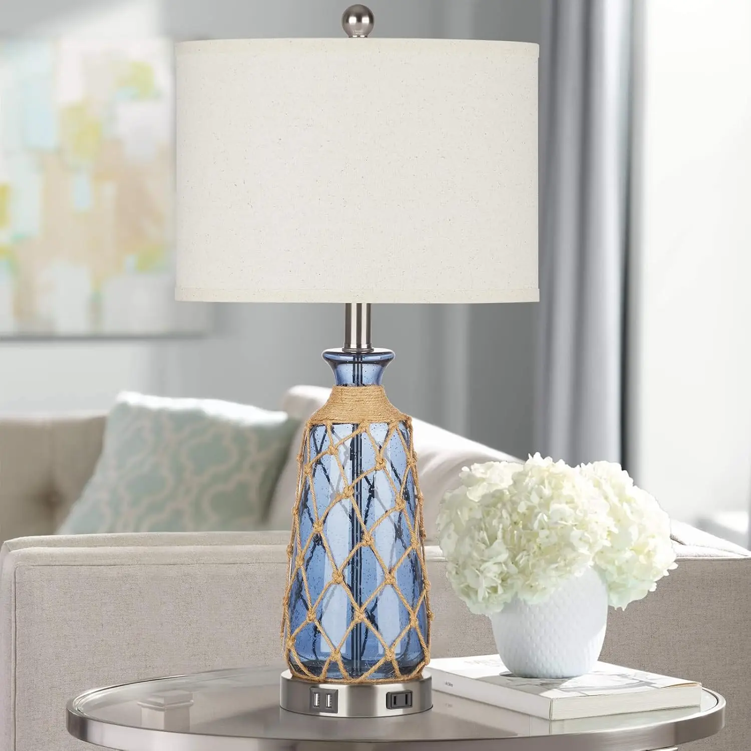 โคมไฟข้างเตียงแบบกระจกสไตล์ชายฝั่ง, ควบคุมการหรี่แสงได้ 3 ระดับด้วยระบบสัมผัส พร้อมพอร์ต USB และเต้ารับไฟฟ้า, โคมไฟตั้งโต๊ะ LED สีน้ำเงินสไตล์ทะเลสำหรับ