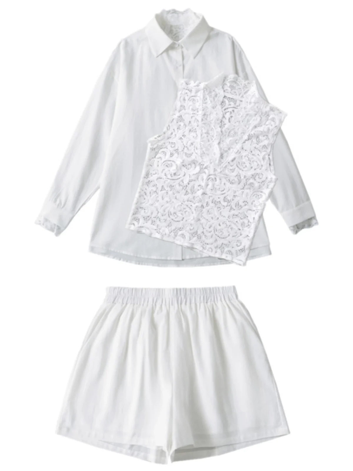 Cotton Linen Set with Lace Vest Loose irt Design  Collar Elastic Waist orts Faionable Women's Ensemble 2024 Autumn