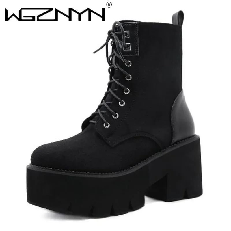 

Luxury Lace Up Combat Boot Chunky Heel Autumn Punk Goth Black Platform Boots Women Winter Rave Suede Leather Shoes Botas Mujer