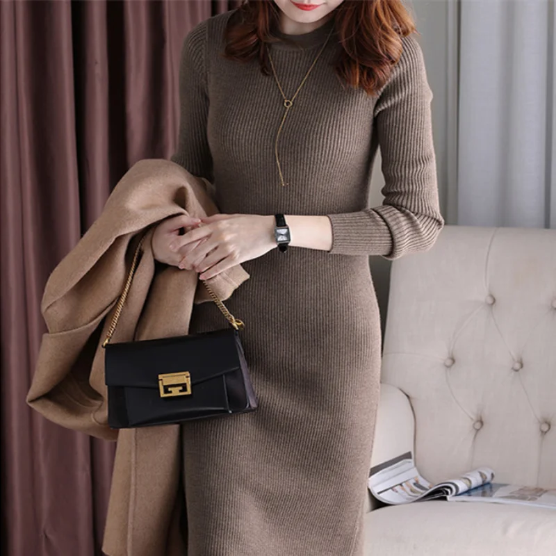 2023 Autumn/Winter Korean Version New Round Neck Long Sleeve Dress Slim Fit and Fashion Solid Color Mid length A-line Dress