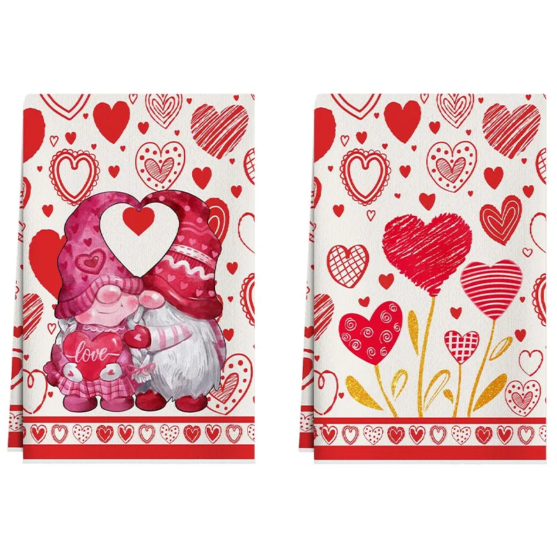 2Pcs, Valentine's Day Heart-Shaped Gnome Hugging Kitchen Towels, 40Cm*60Cm Towel Set, Super Absorbent Soft Cleaning Cloth, Cooking and Baking Tea Towel, Hand Towel, Cleaning Cloth, Dishcloth, Kitchen Decoration, Living Room Decorations, Kitchen Essentials, Home Essentials