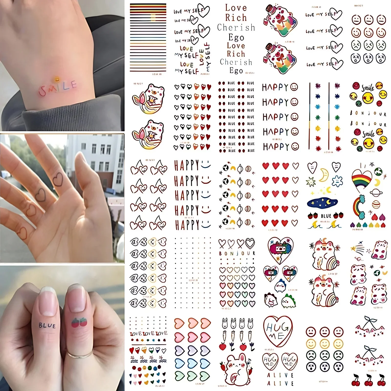 30pcs/set Multicoloured Simple Transfer Tattoos for Little Boys Girls Kids Heart Straight Line English Letters Bear Party Decor