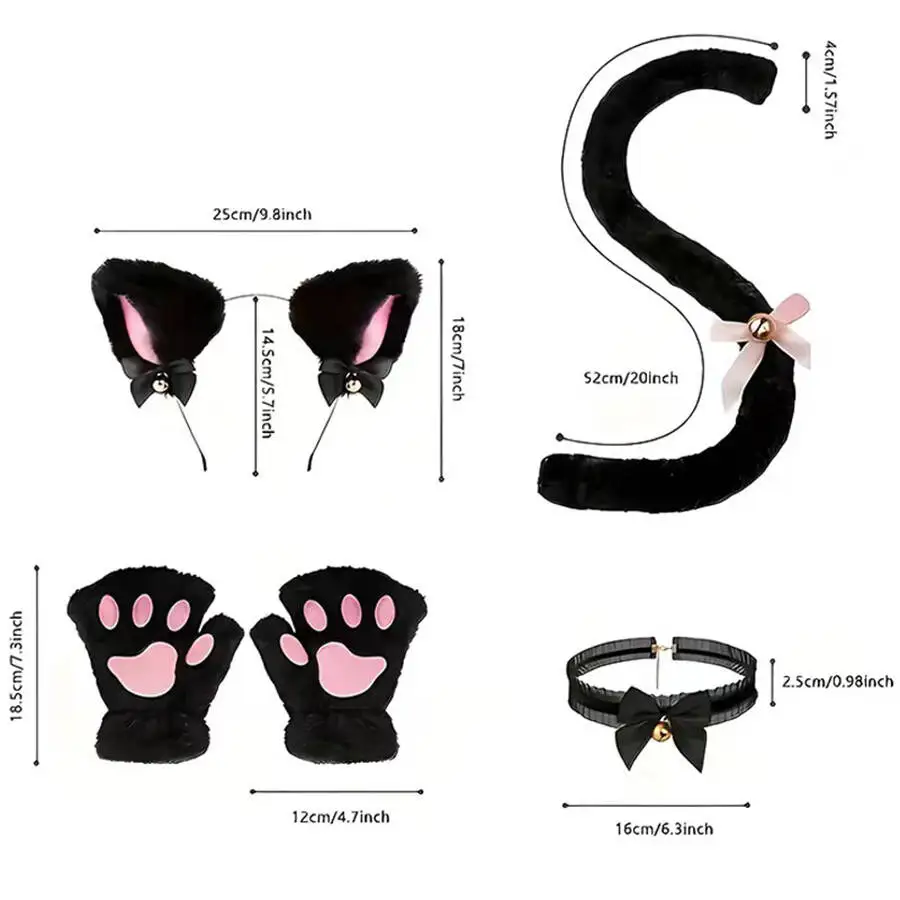 Halloween-Party Katzen-Kopfband Halskette Krallen-Handschuhe Schwanz-Sets Cosplay Plüsch-Glocken-Haarband Maskerade-Kopfbedeckung Haar-Accessoires – Detail 11