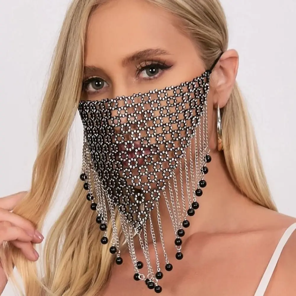 

Reusable Fishing Net Rhinestone Mask Bling Tassel Face Cover Hollow Shining Masquerade Mask Women